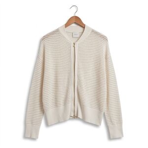 Varley Ward Knit Zip 100% Cotton Front Bomber Jacket Sweater Ivory Cream Size M